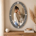 Black White Floral Oval Mirror Bone Inlay Handmade Wall Vanity Decor