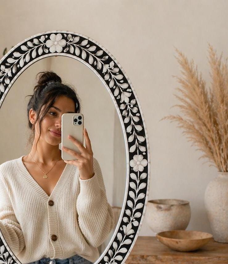Black White Floral Oval Mirror Bone Inlay Handmade Wall Vanity Decor