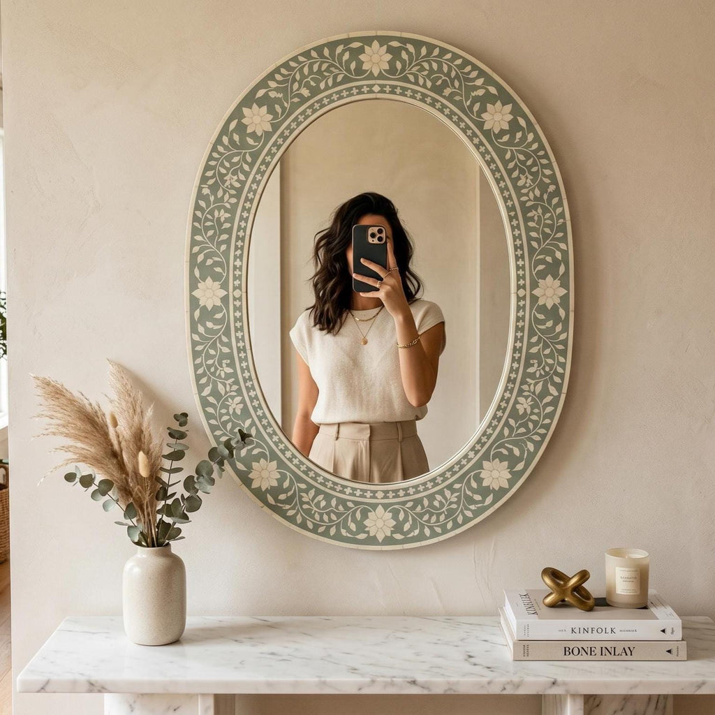 Sage Green Floral Oval Mirror Bone Inlay Handmade Wall Vanity Decor