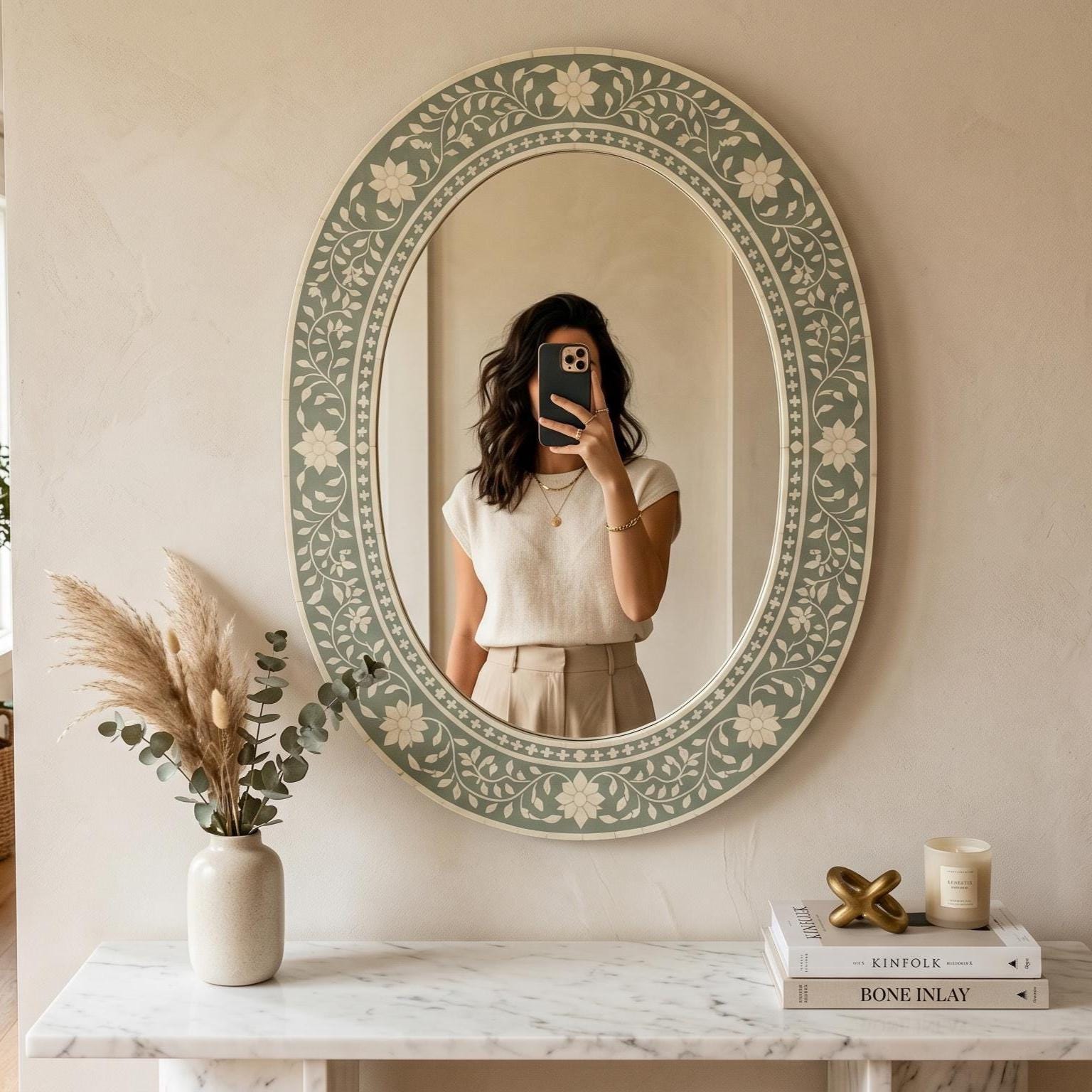 Sage Green Floral Oval Mirror Bone Inlay Handmade Wall Vanity Decor