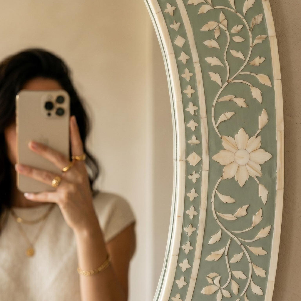 Sage Green Floral Oval Mirror Bone Inlay Handmade Wall Vanity Decor