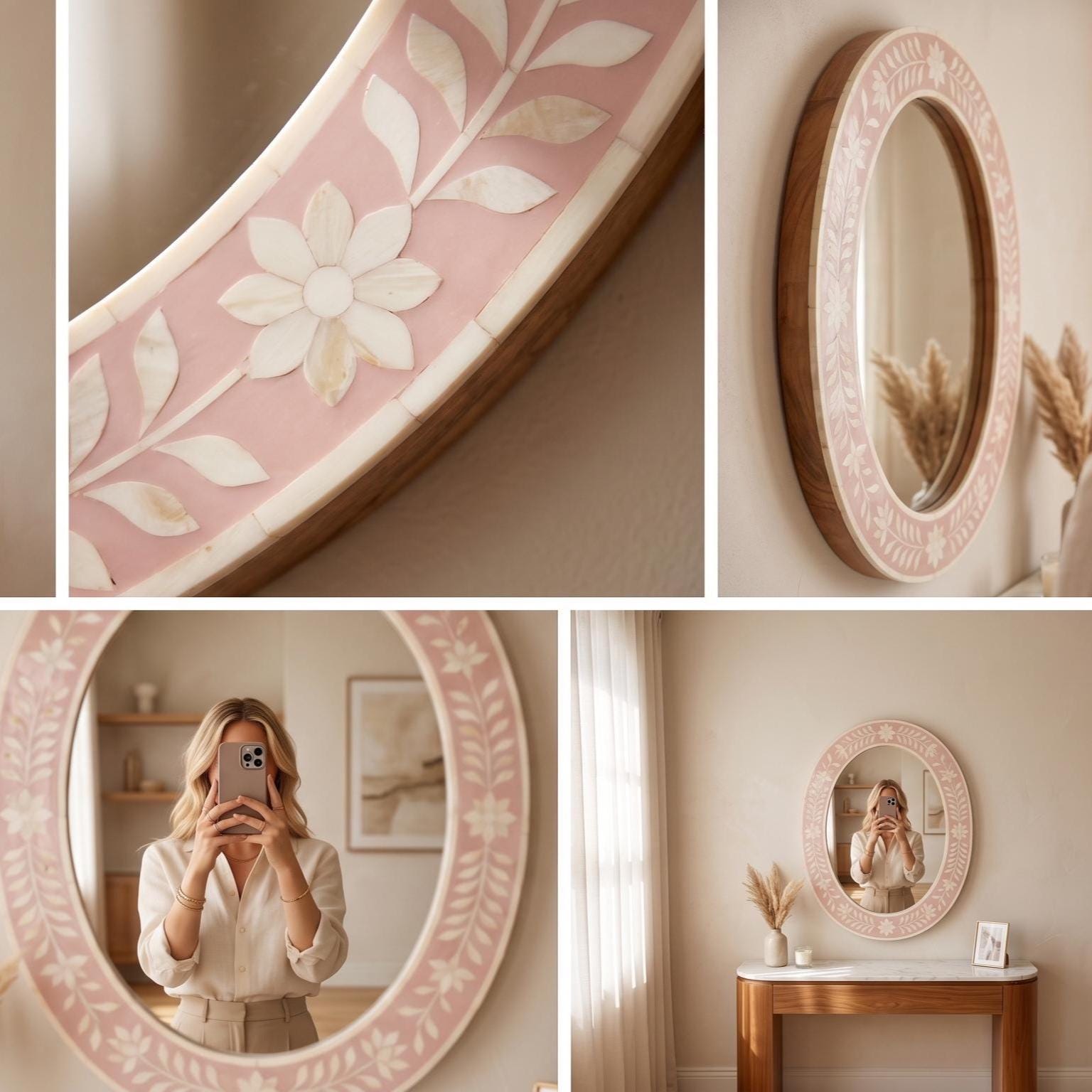 Blush Pink Floral Bone Inlay Oval Mirror, Handmade Vanity Decor Piece