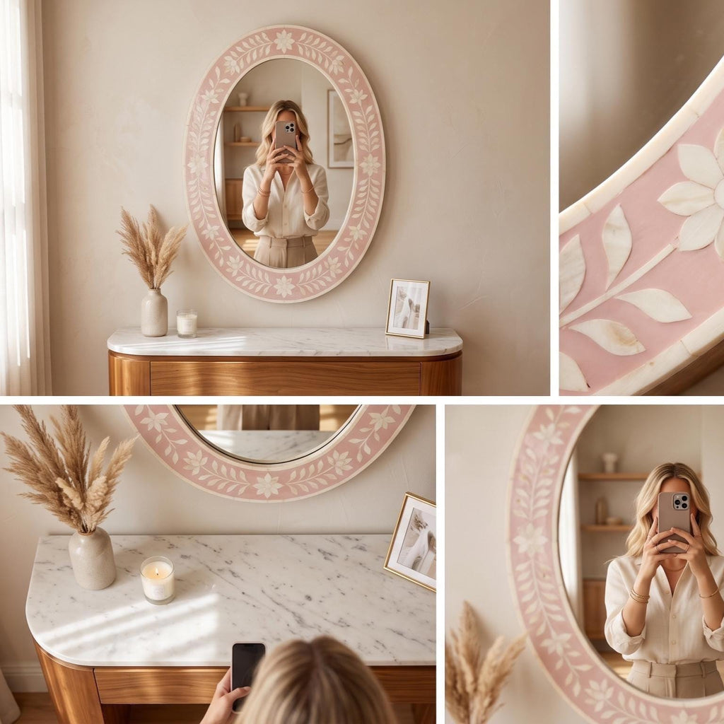 Blush Pink Floral Bone Inlay Oval Mirror, Handmade Vanity Decor Piece