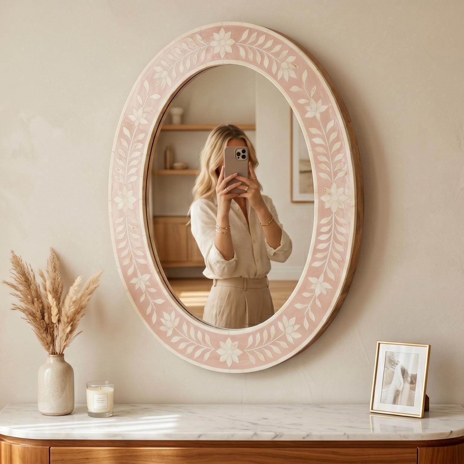 Blush Pink Floral Bone Inlay Oval Mirror, Handmade Vanity Decor Piece