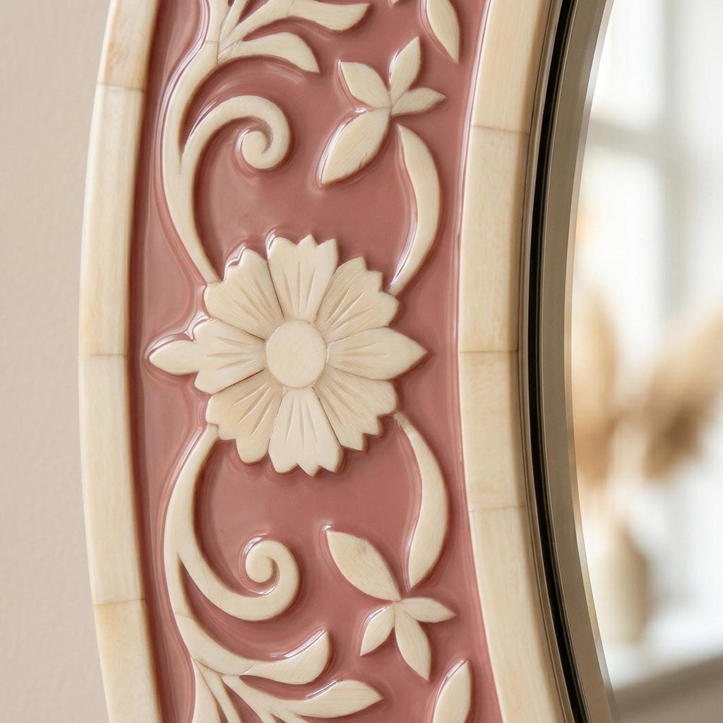 Floral Oval Mirror Blush Pink Bone Inlay Handmade Wall Decor