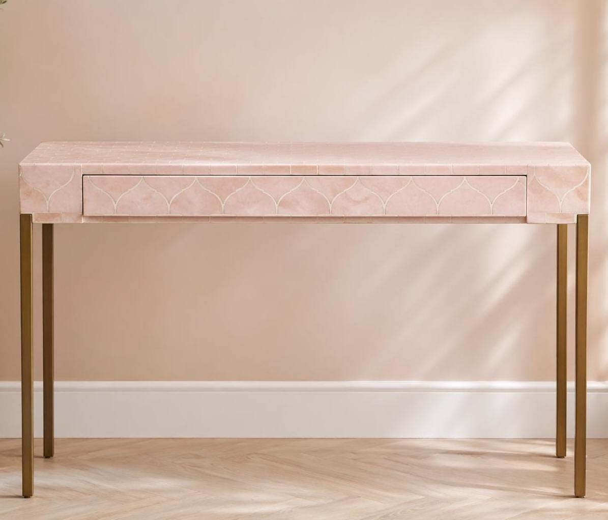 Blush Pink Console Table Bone Inlay One Drawer Modern Entryway Table