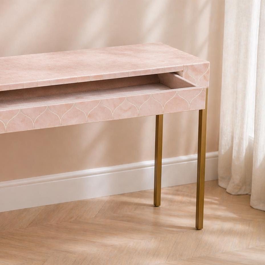 Blush Pink Console Table Bone Inlay One Drawer Modern Entryway Table