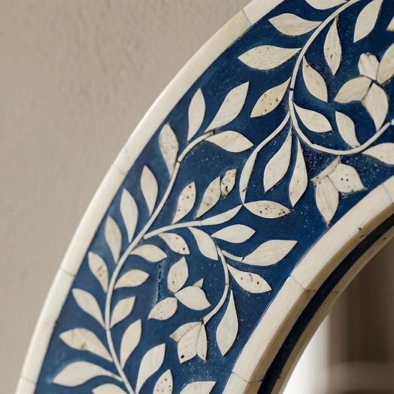 Blue Bone Inlay Oval Floral Wall Mirror Handmade Luxury Boho Home Decor  | unique mirror