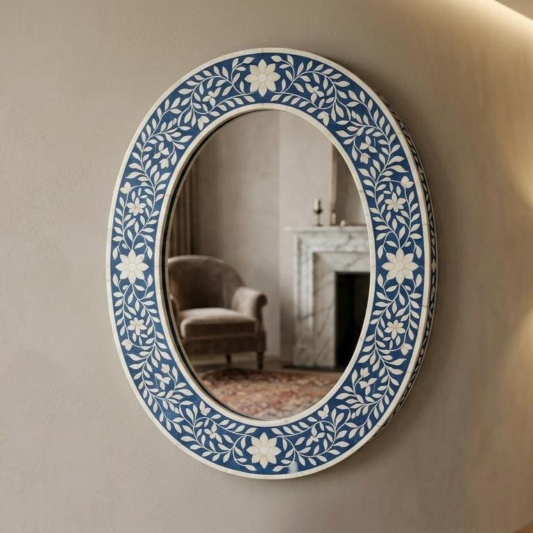 Blue Bone Inlay Oval Floral Wall Mirror Handmade Luxury Boho Home Decor  | unique mirror