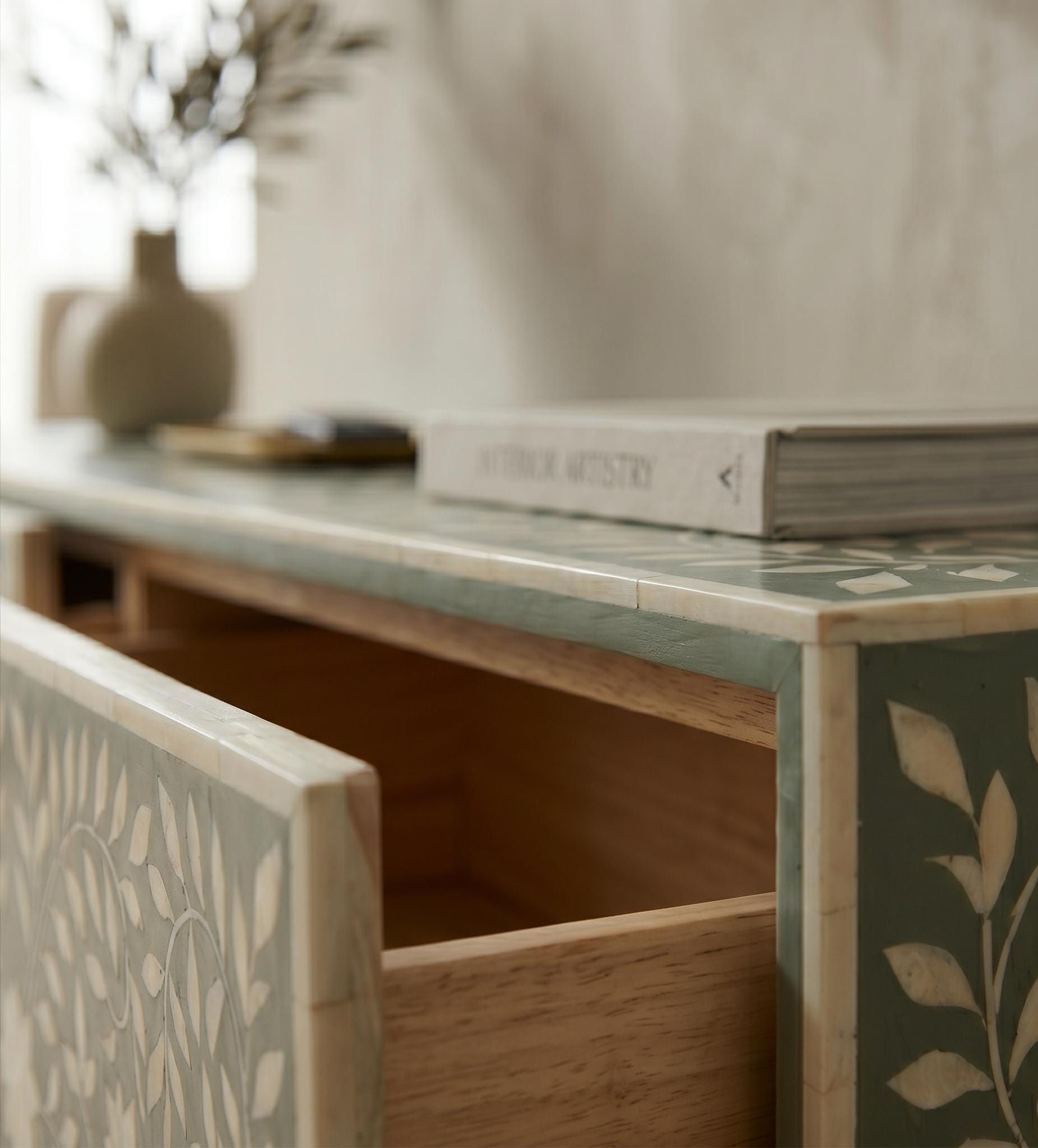 Bone inlay Sage Green Floating Console Table Floral Wall Mounted Cabinet