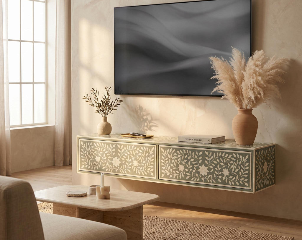 Bone inlay Sage Green Floating Console Table Floral Wall Mounted Cabinet
