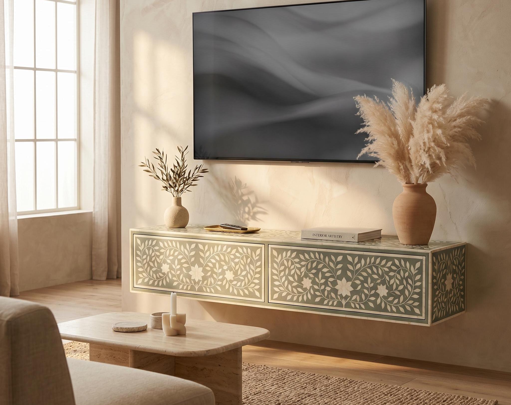 Bone inlay Sage Green Floating Console Table Floral Wall Mounted Cabinet