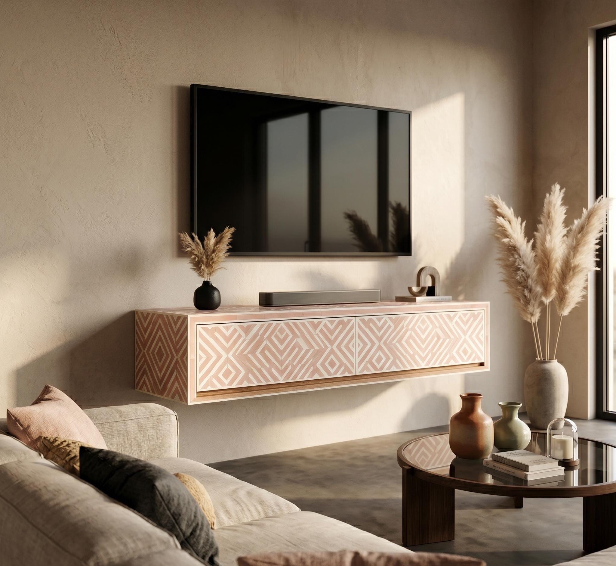 Blush Pink Floating TV Console Abstract Bone Inlay Wall Mounted Cabinet handmade