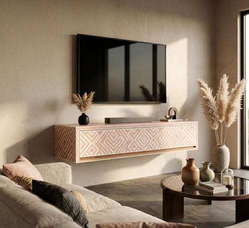 Blush Pink Floating TV Console Abstract Bone Inlay Wall Mounted Cabinet handmade