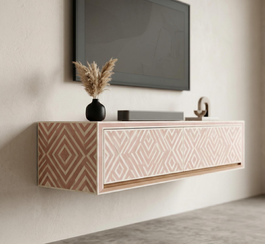Blush Pink Floating TV Console Abstract Bone Inlay Wall Mounted Cabinet handmade