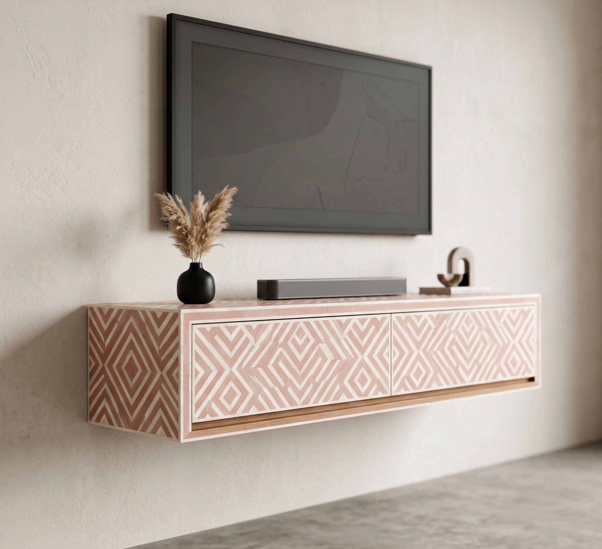 Blush Pink Floating TV Console Abstract Bone Inlay Wall Mounted Cabinet handmade
