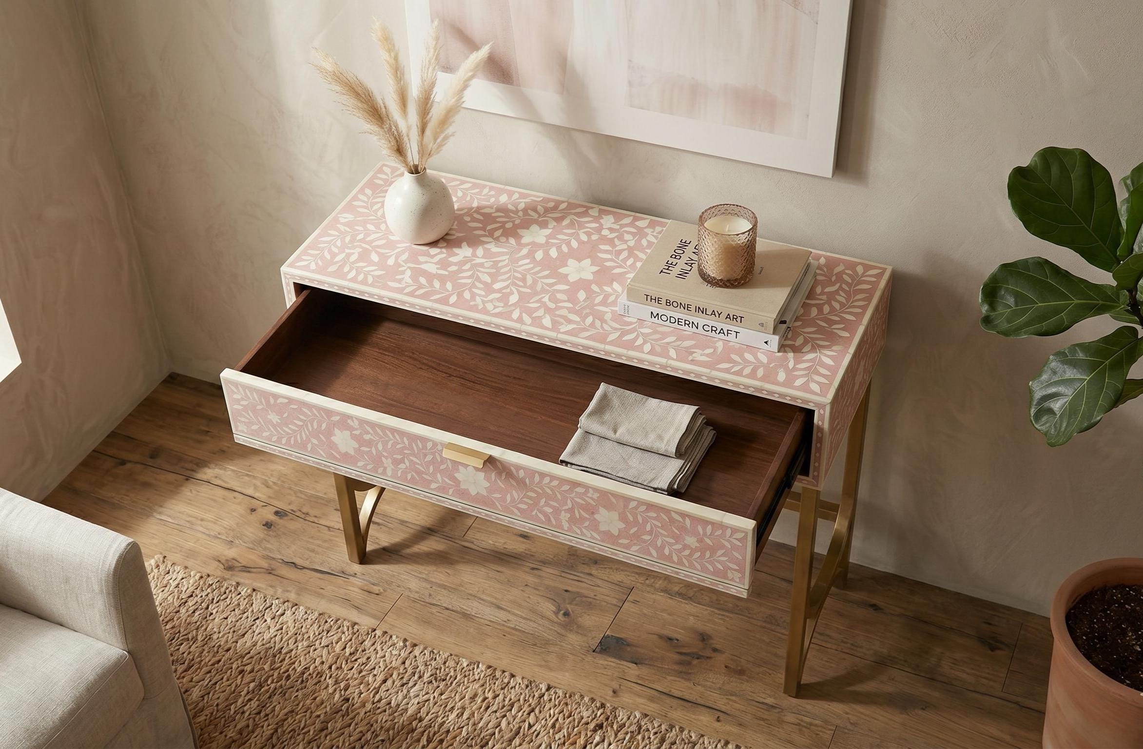 Pink Floral Console Table One Drawer Bone Inlay Entryway Table