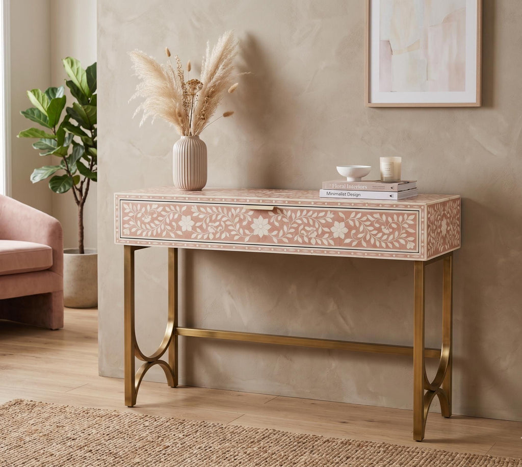 Pink Floral Console Table One Drawer Bone Inlay Entryway Table