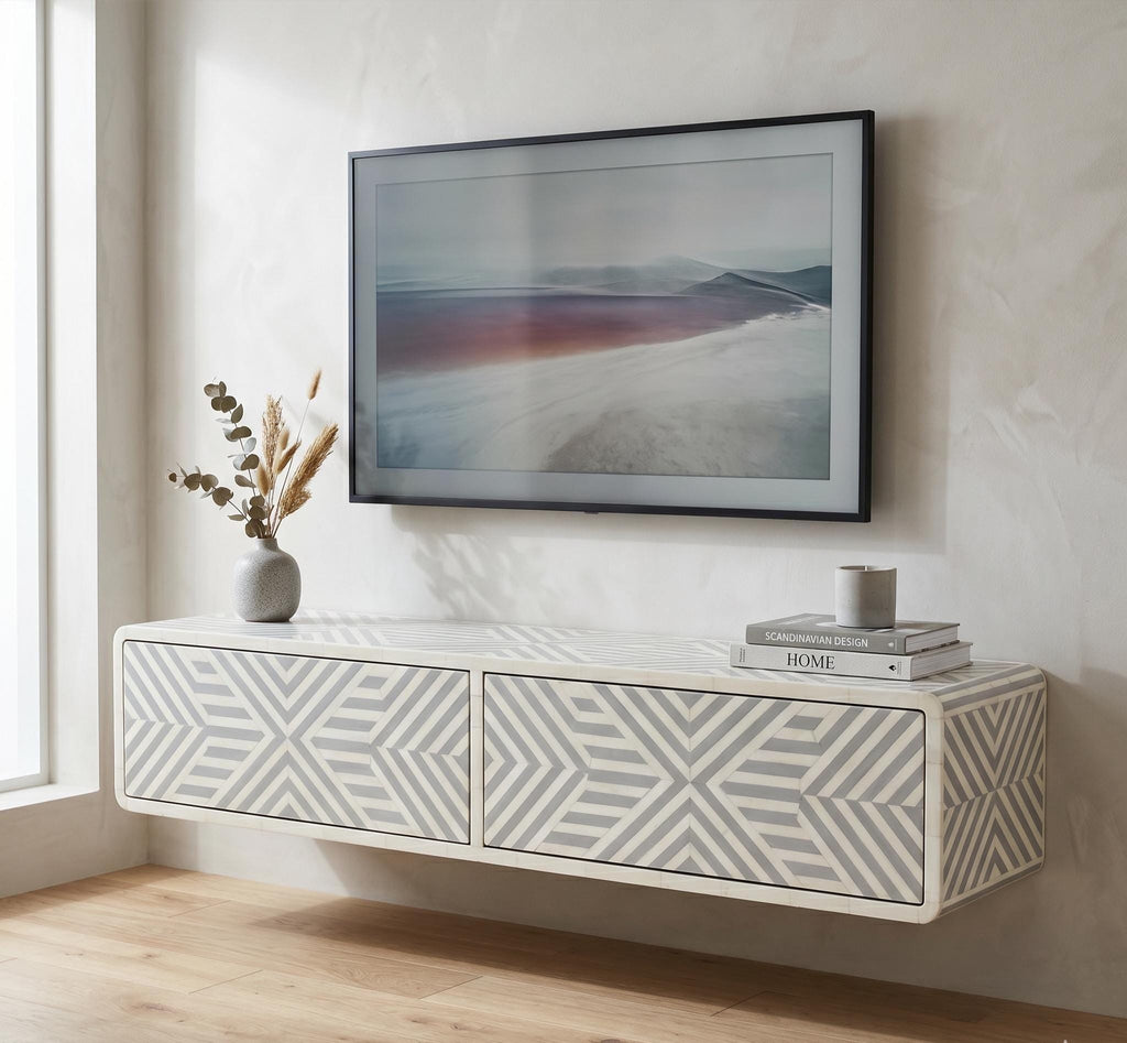 Floating Media Console Bone Inlay Wall Mounted TV Cabinet Storage