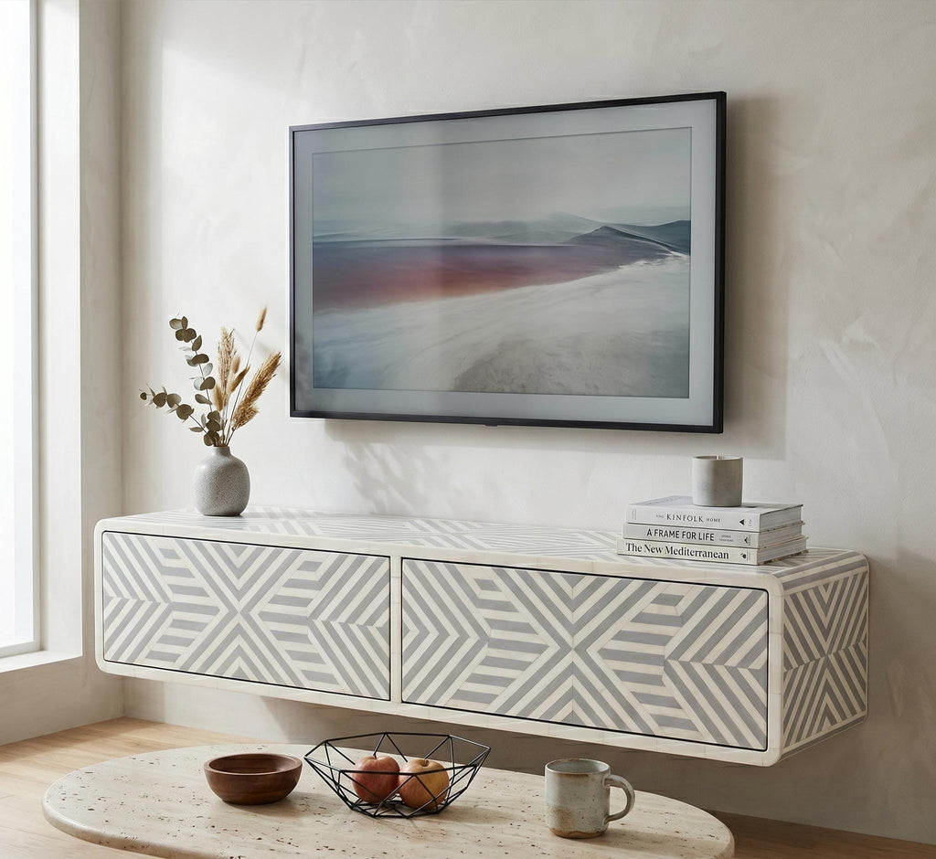 Floating Media Console Bone Inlay Wall Mounted TV Cabinet Storage