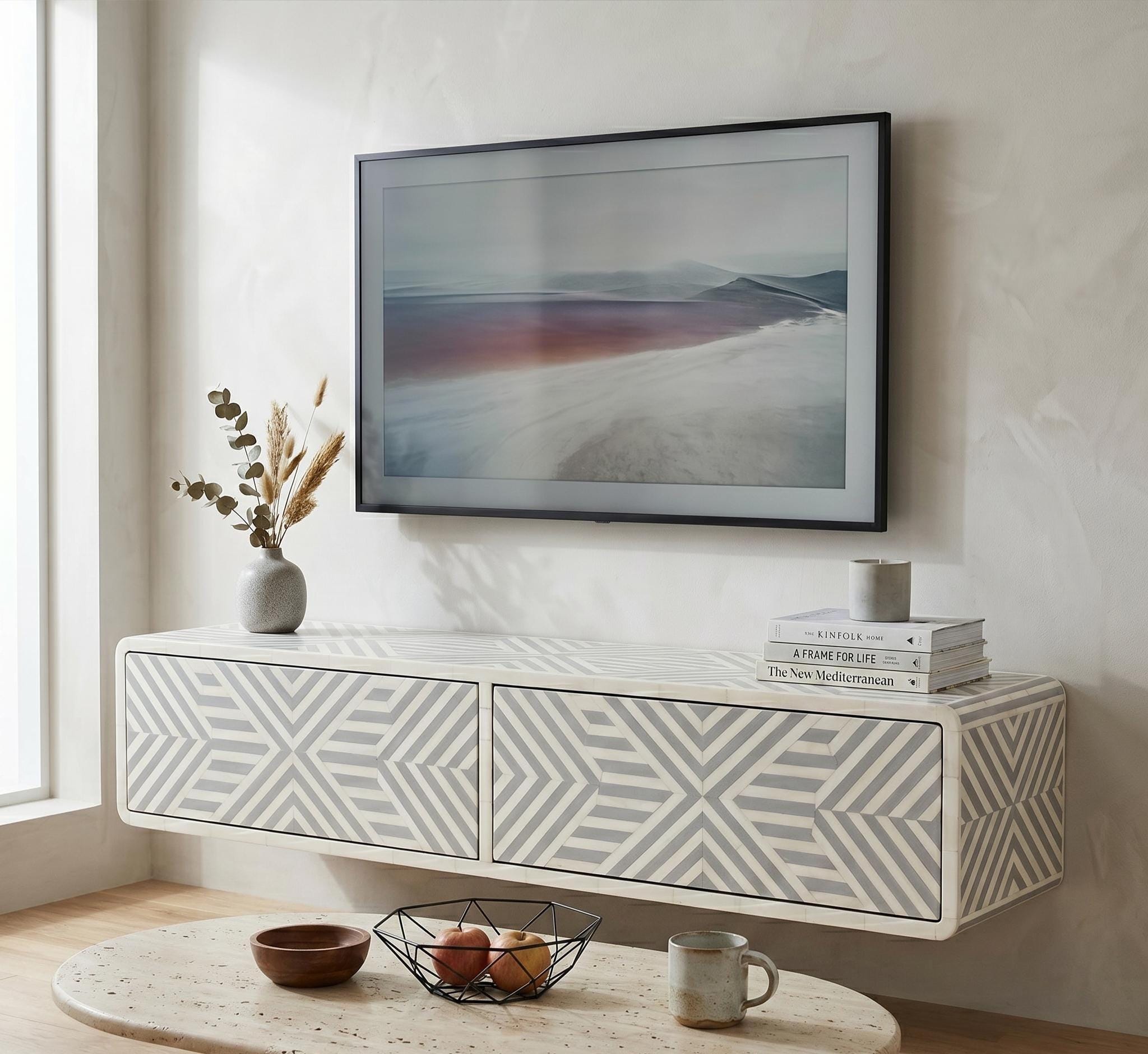 Floating Media Console Bone Inlay Wall Mounted TV Cabinet Storage