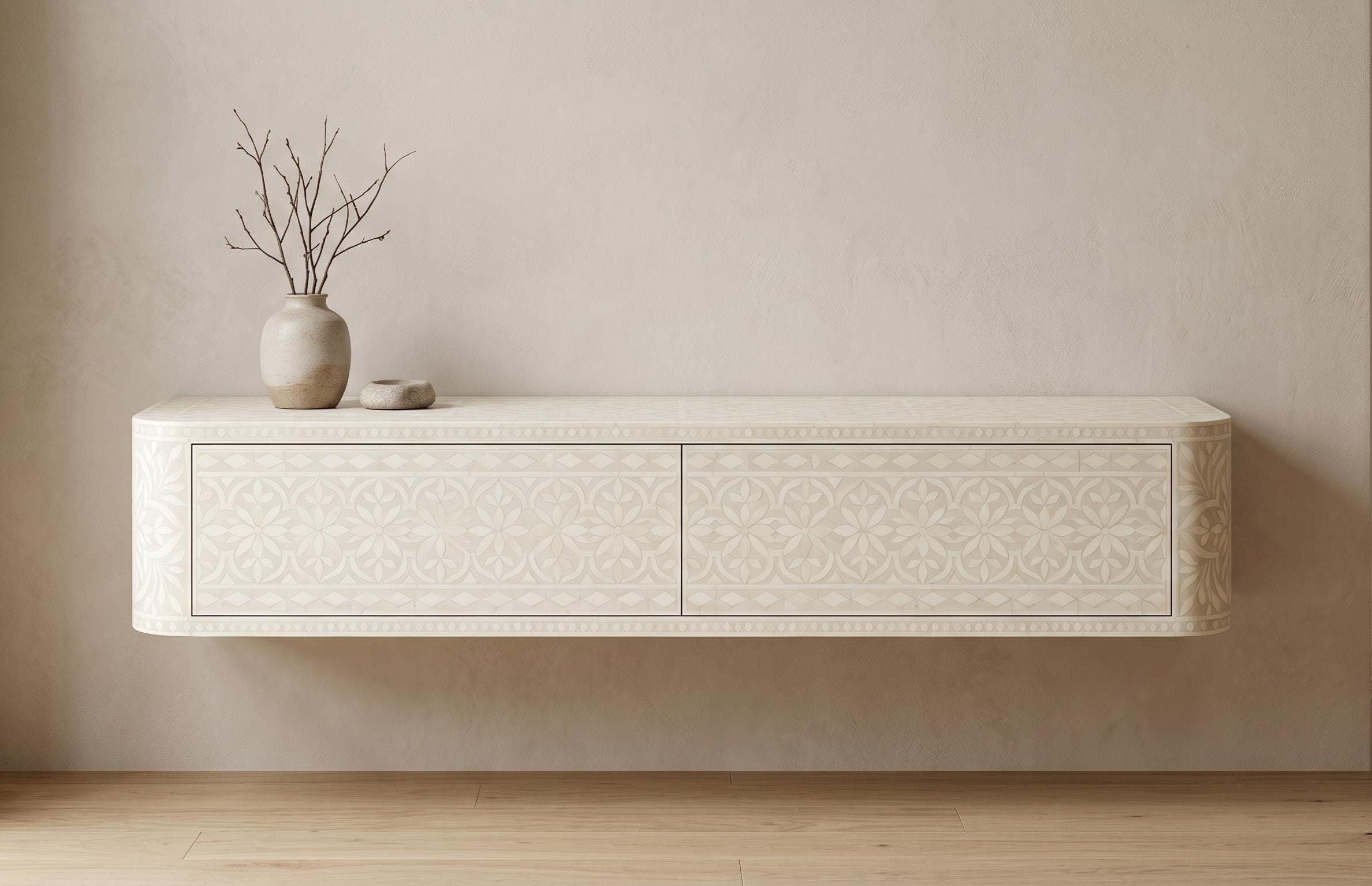 Bone inlay Off White Floating Media Console Wall Mounted TV Cabinet