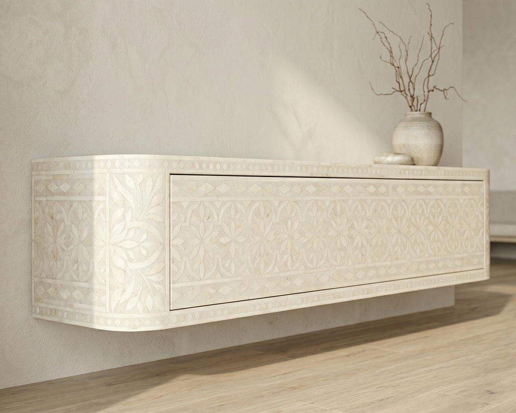 Bone inlay Off White Floating Media Console Wall Mounted TV Cabinet