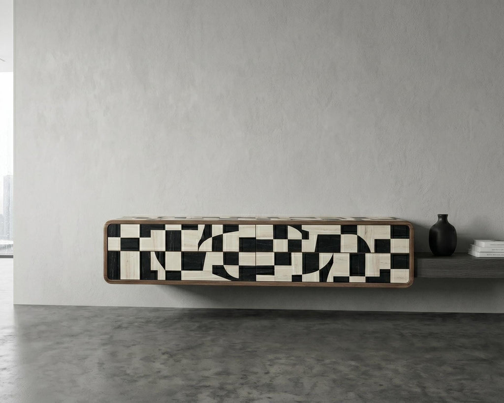 Black Ivory Floating Media Console Bone Inlay Geometric Wall Mounted TV Cabinet