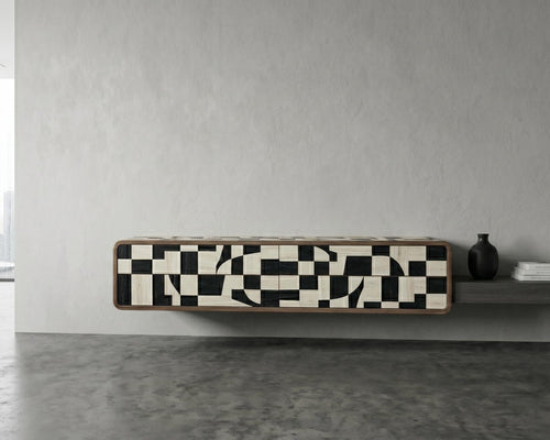 Black Ivory Floating Media Console Bone Inlay Geometric Wall Mounted TV Cabinet