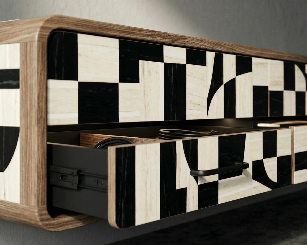 Black Ivory Floating Media Console Bone Inlay Geometric Wall Mounted TV Cabinet