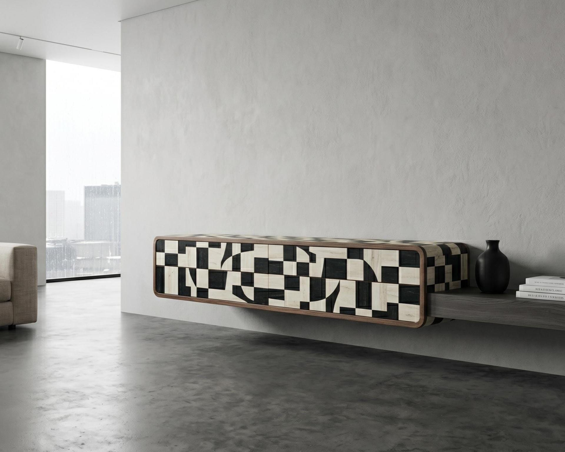 Black Ivory Floating Media Console Bone Inlay Geometric Wall Mounted TV Cabinet