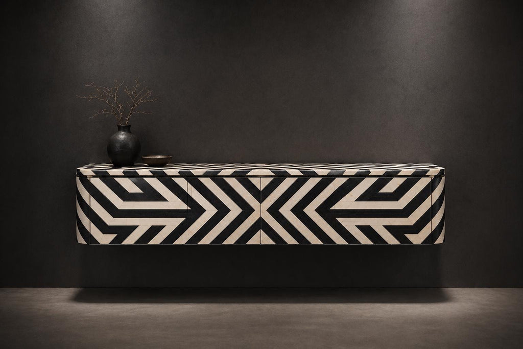 Bone Inlay handcrafted Floating Wall Mounted Media Console, Handmade Luxury Cabinet
