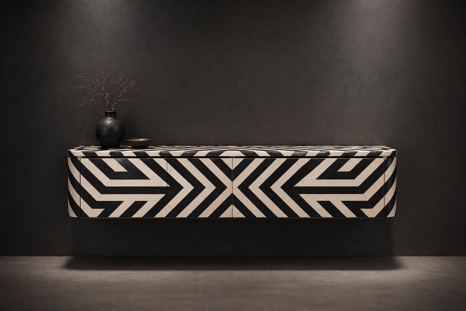 Bone Inlay handcrafted Floating Wall Mounted Media Console, Handmade Luxury Cabinet