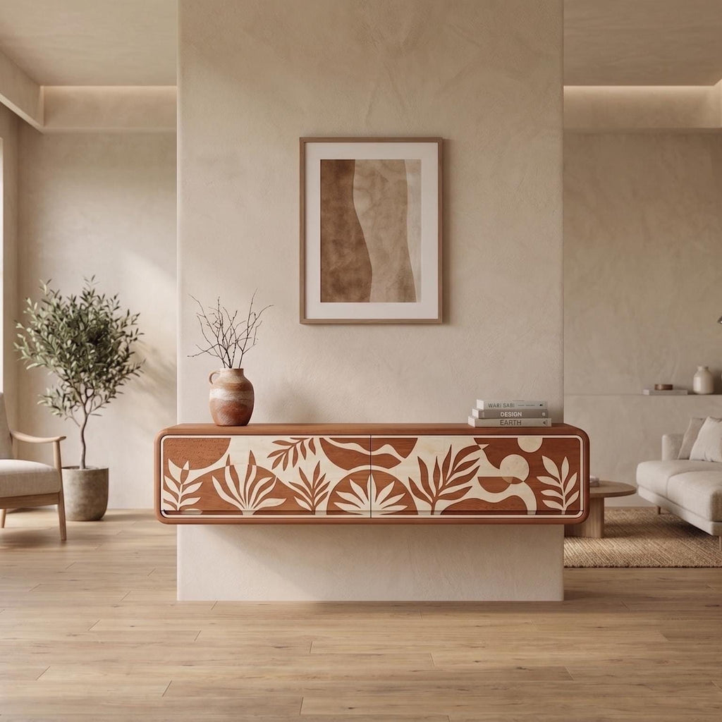 Terracotta Floating Media Console Bone Inlay Wall Mounted TV Cabinet