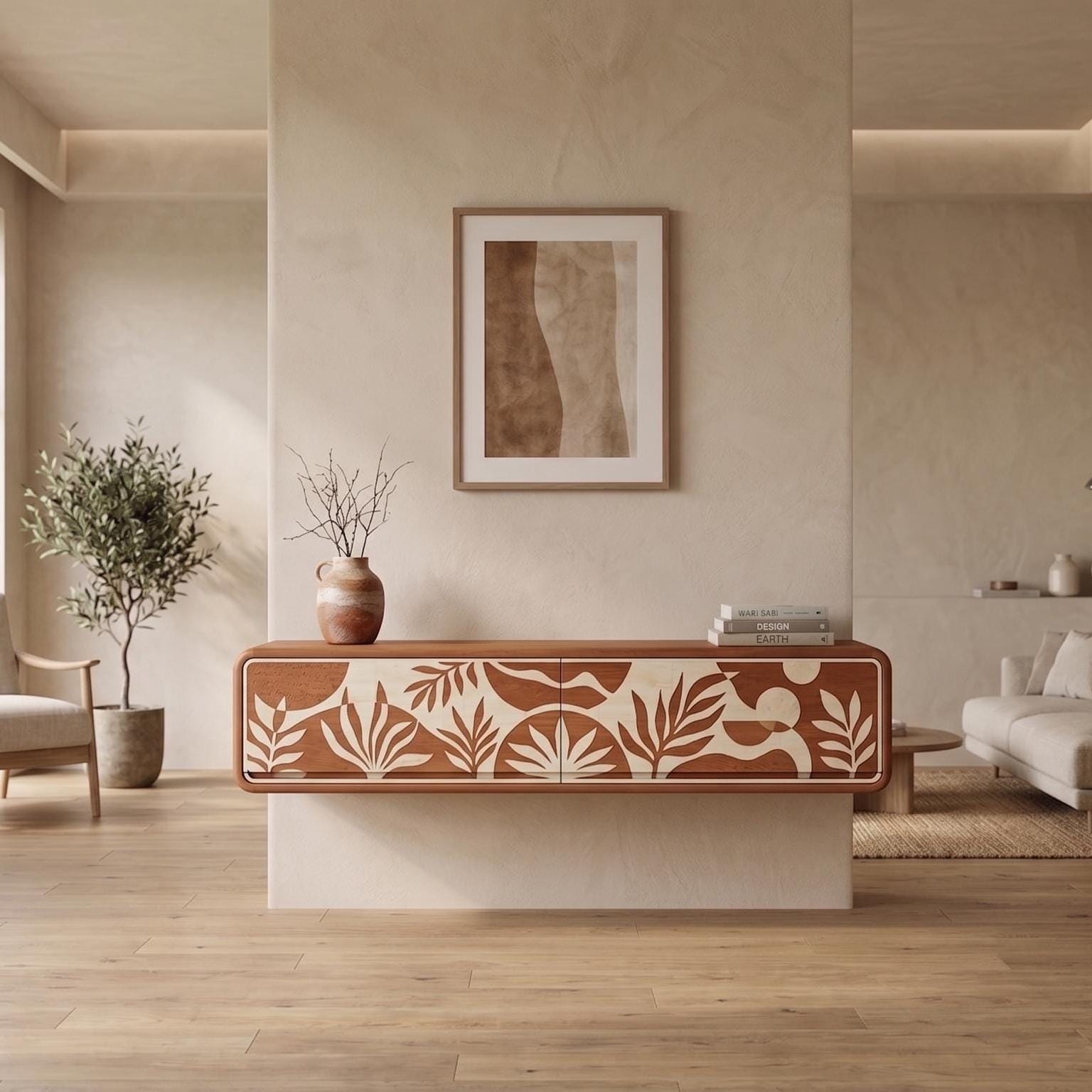 Terracotta Floating Media Console Bone Inlay Wall Mounted TV Cabinet