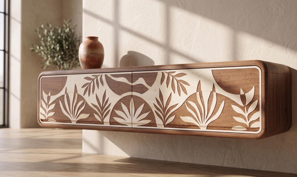 Terracotta Floating Media Console Bone Inlay Wall Mounted TV Cabinet