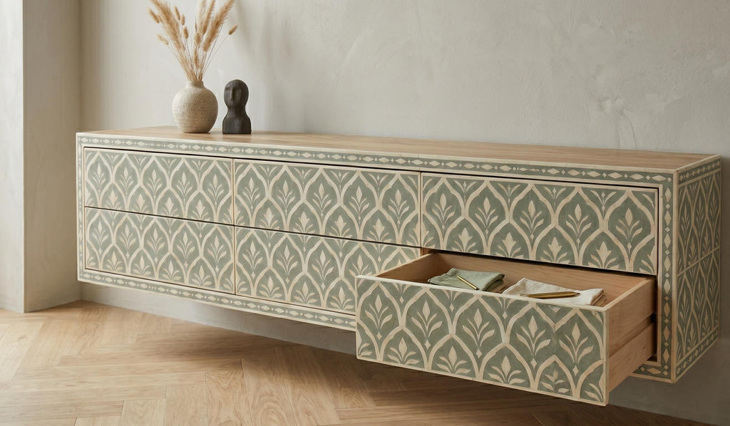handcrafted Sage Green Floating Console Bone Inlay Wall Mounted Entryway Cabinet