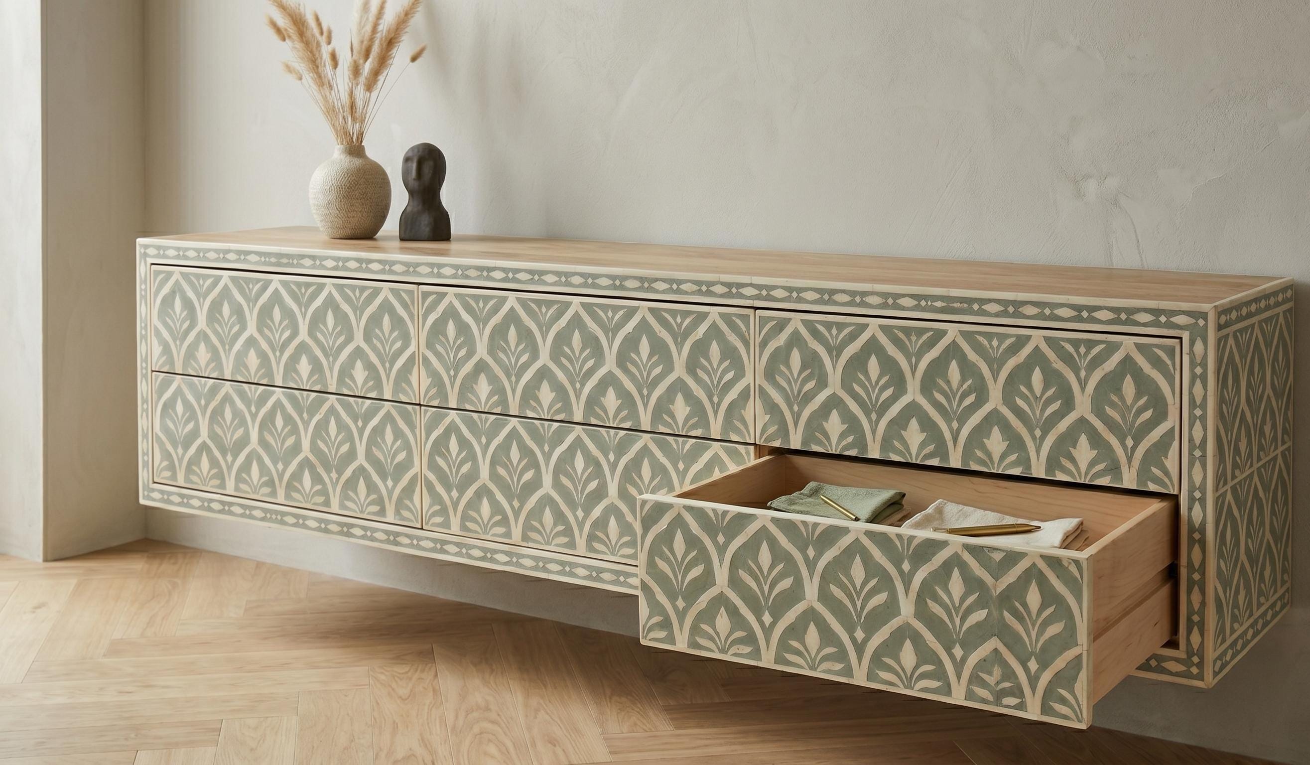 handcrafted Sage Green Floating Console Bone Inlay Wall Mounted Entryway Cabinet