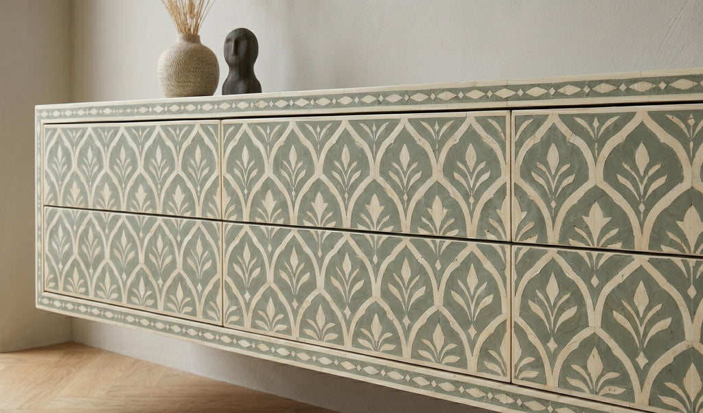 handcrafted Sage Green Floating Console Bone Inlay Wall Mounted Entryway Cabinet