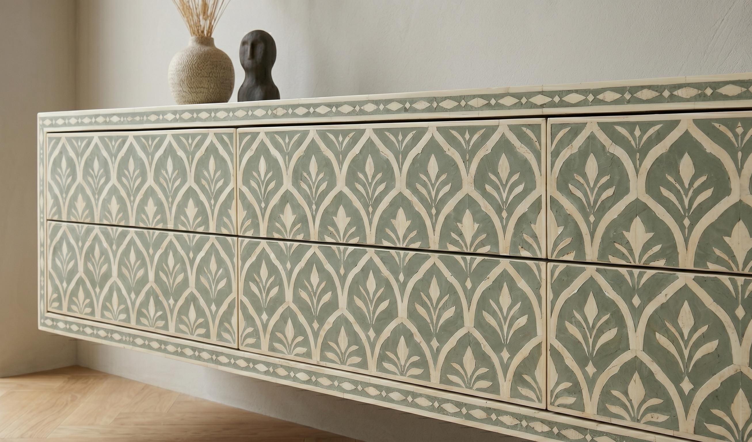 handcrafted Sage Green Floating Console Bone Inlay Wall Mounted Entryway Cabinet