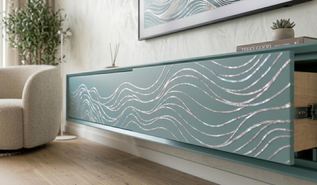 handcrafted mother of pearl inlay Floating Wall Mounted Media Console