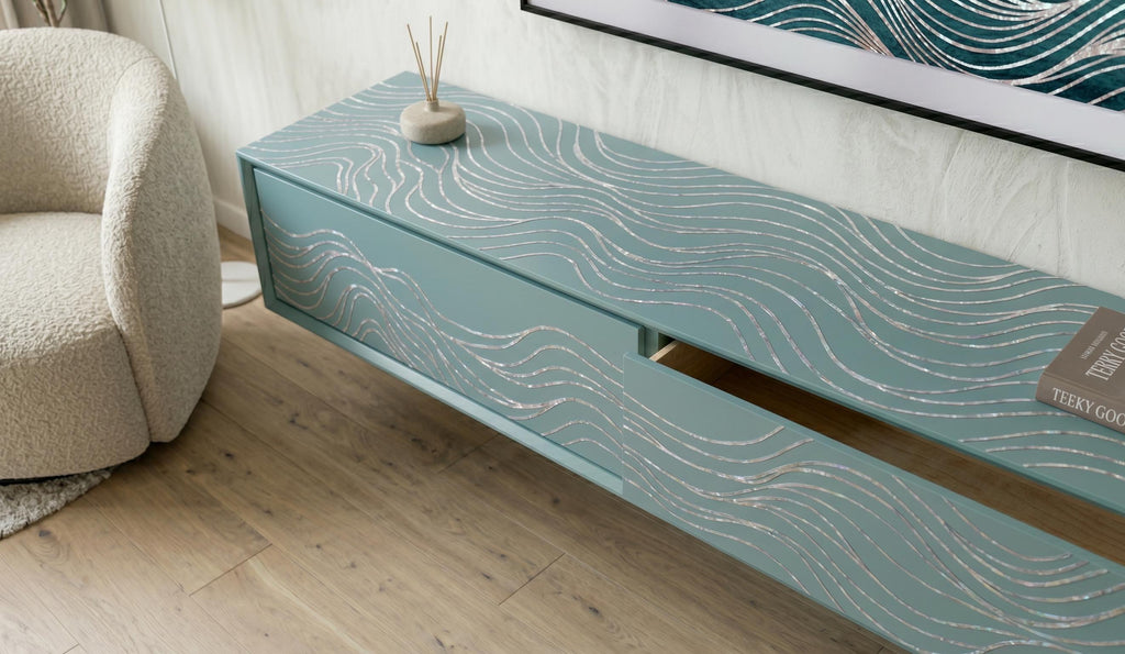 handcrafted mother of pearl inlay Floating Wall Mounted Media Console
