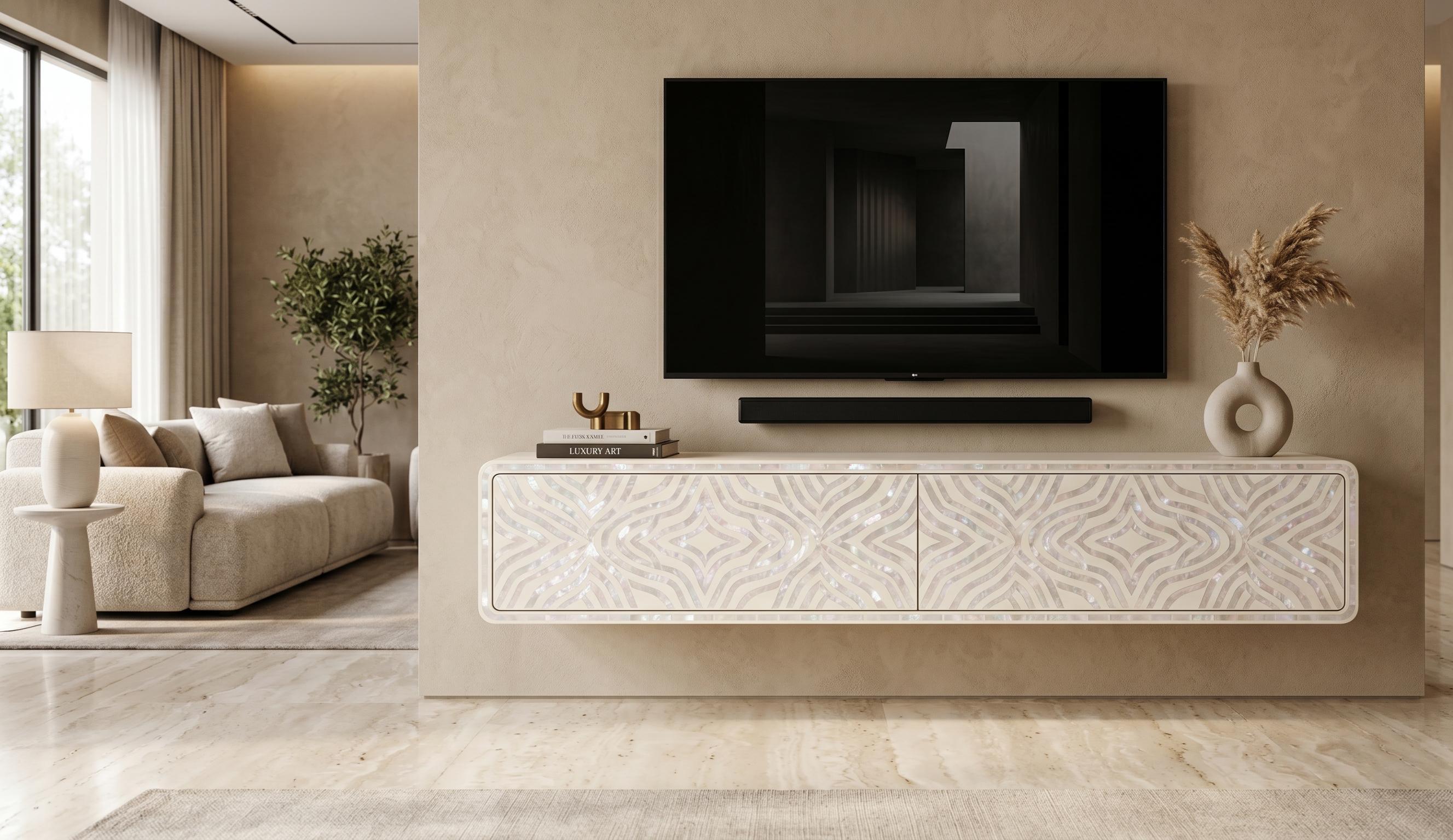 pearl inlay Floating Media Console Geometric Wall Mounted TV Unit handmade