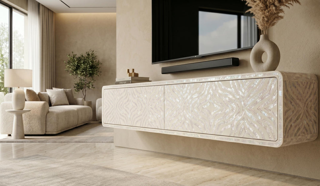pearl inlay Floating Media Console Geometric Wall Mounted TV Unit handmade