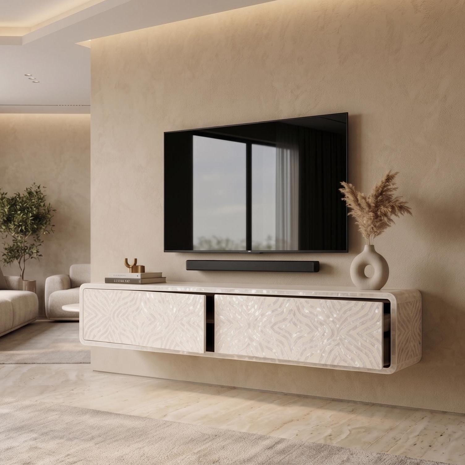 pearl inlay Floating Media Console Geometric Wall Mounted TV Unit handmade