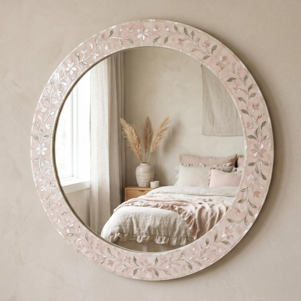 pearl inlay floral vine Blush Pink Round Mirror wall decor unique