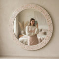 pearl inlay floral vine Blush Pink Round Mirror wall decor unique