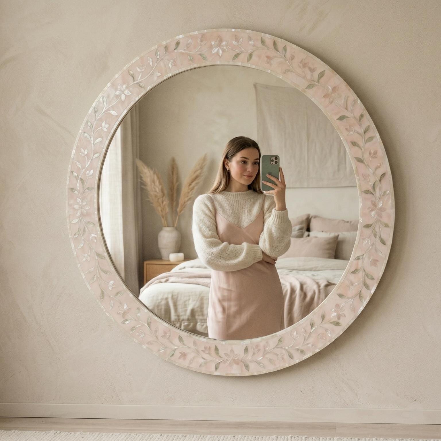 pearl inlay floral vine Blush Pink Round Mirror wall decor unique