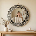 Mother of pearl Inlay Floral Round Mirror Black Wall Vanity Decor