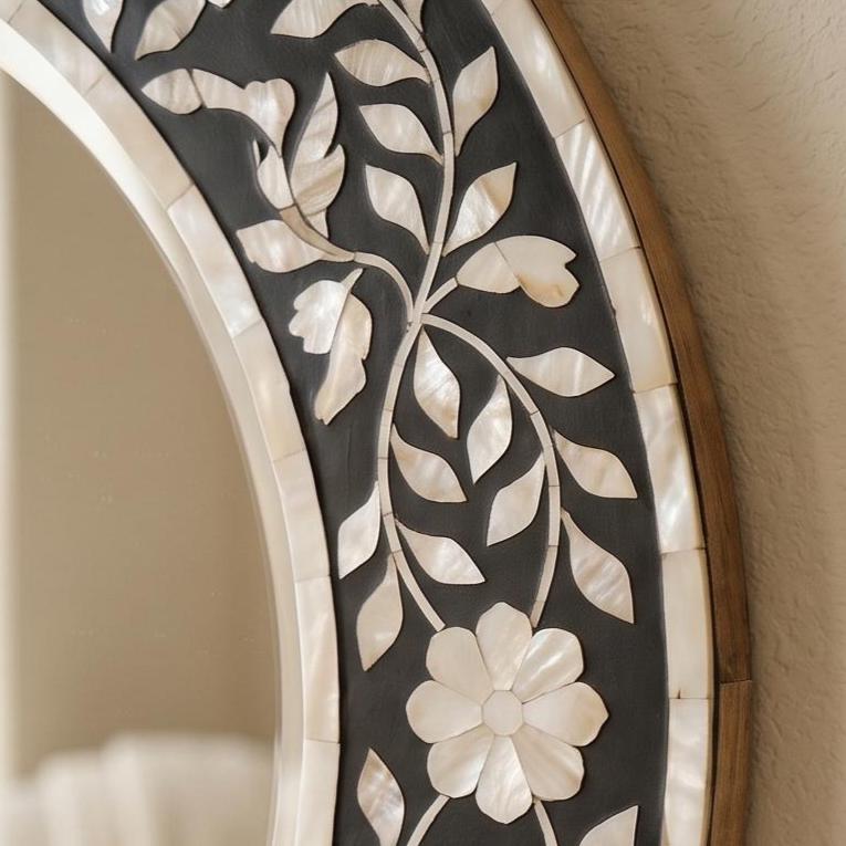 Mother of pearl Inlay Floral Round Mirror Black Wall Vanity Decor